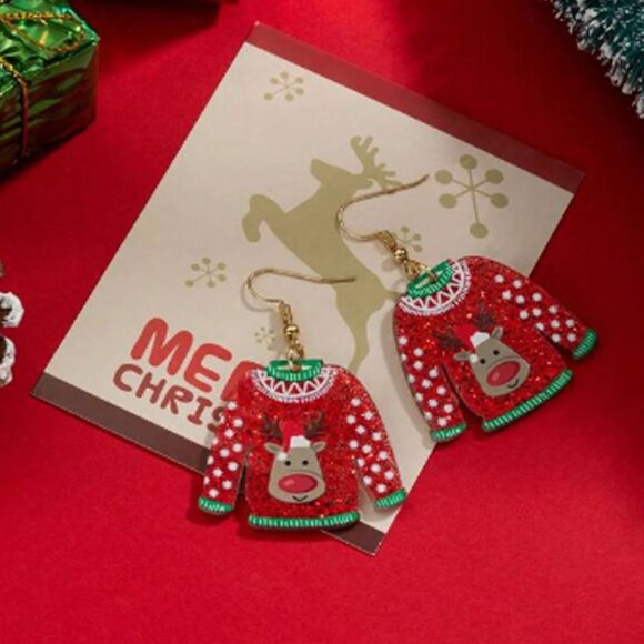 Ugly Sweater Rudolph Red Nose Reindeer Glitter Christmas Earrings Adorable A19S2 - Picture 4 of 5